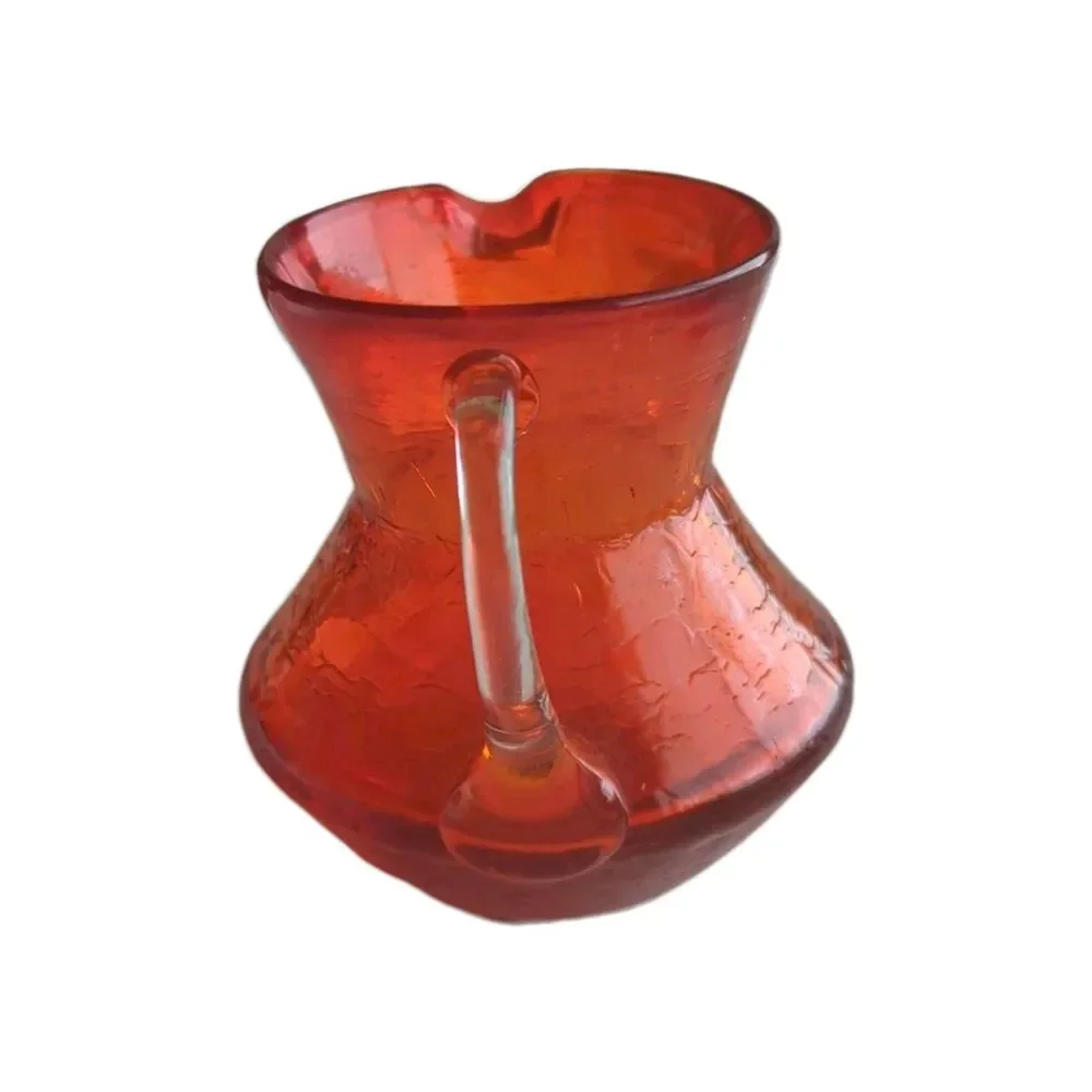 Vintage Red Hand Blown Crackle Glass Small Pitcher Creamer 3.5” Tall x 3.25